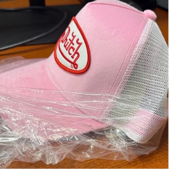 NWT Von Dutch Pink & White Velvet Snapback Trucker Hat Baseball Cap - Picture 5 of 11